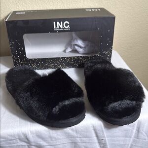 INC International Concepts Black Faux Fur Slides